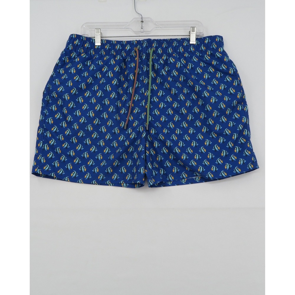 Bugatchi Mens XL Blue Tropical Fish Print Swim Trunks Mesh Lined Board Shorts